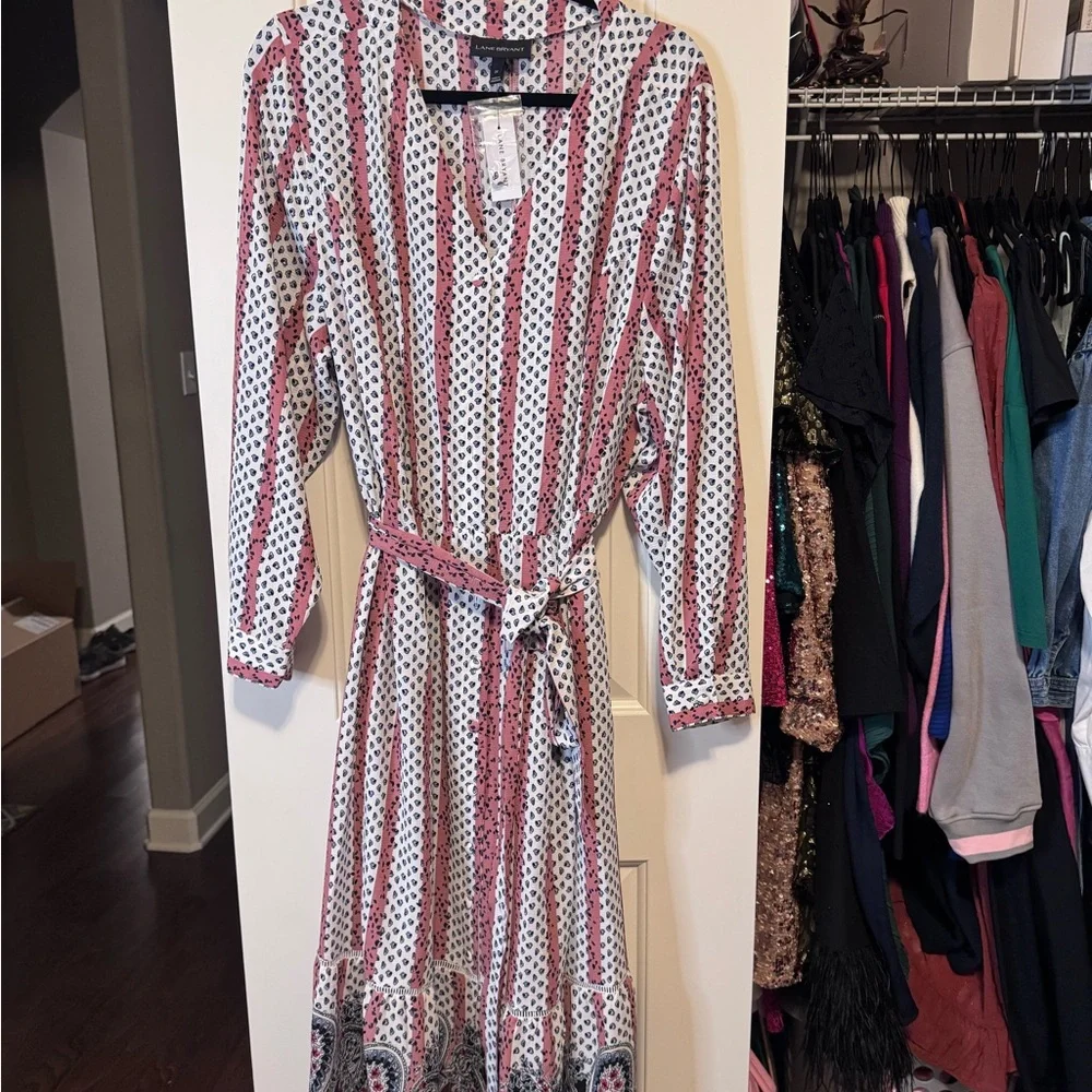 Lane Bryant- Women’s Plus Size Button Front Pink and White Long Sleeve Dress 22W - Picture 5 of 13